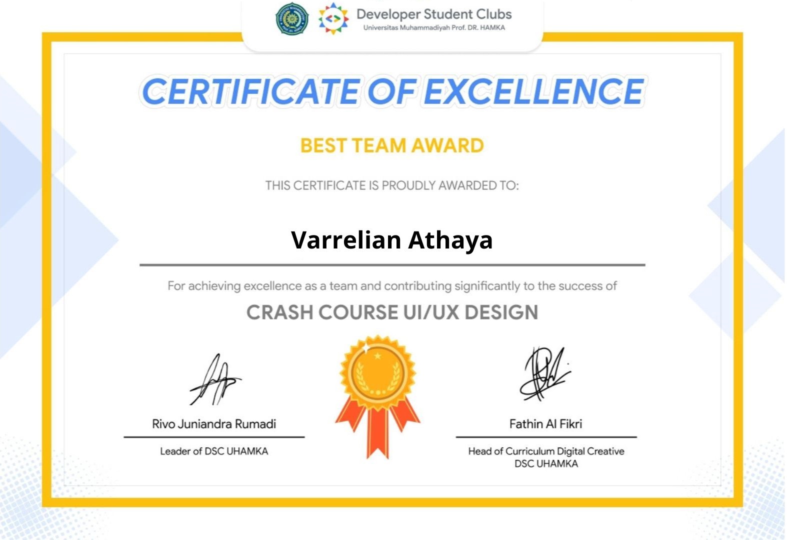 CERTIFICATE OF EXCELLENCE BEST TEAM AWARD